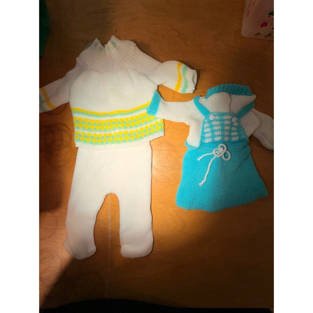 Vintage Handmade Knit Doll Clothes Set Sweater Pants Jumper Shrug Blue White